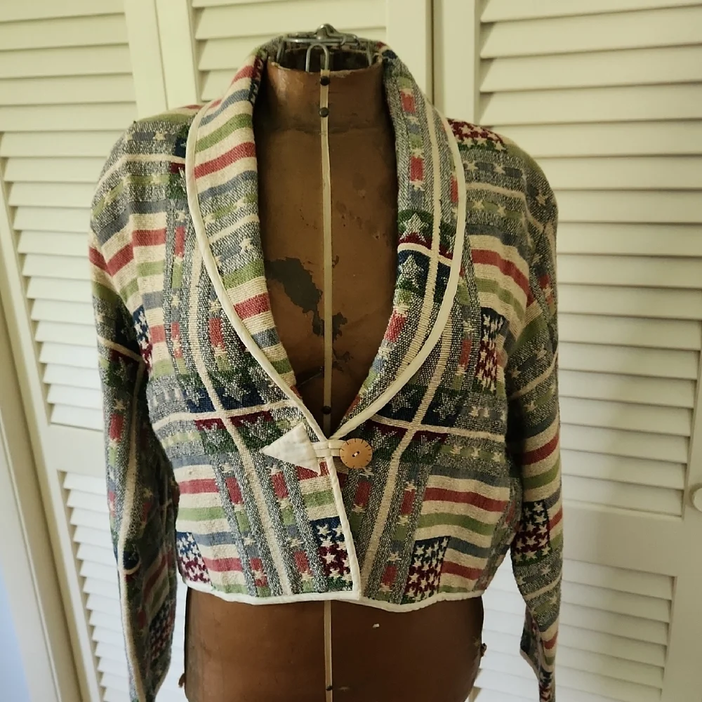 New Directions Vintage Americana Flag Cropped Cotton Tapestry Jacket - Picture 1 of 12